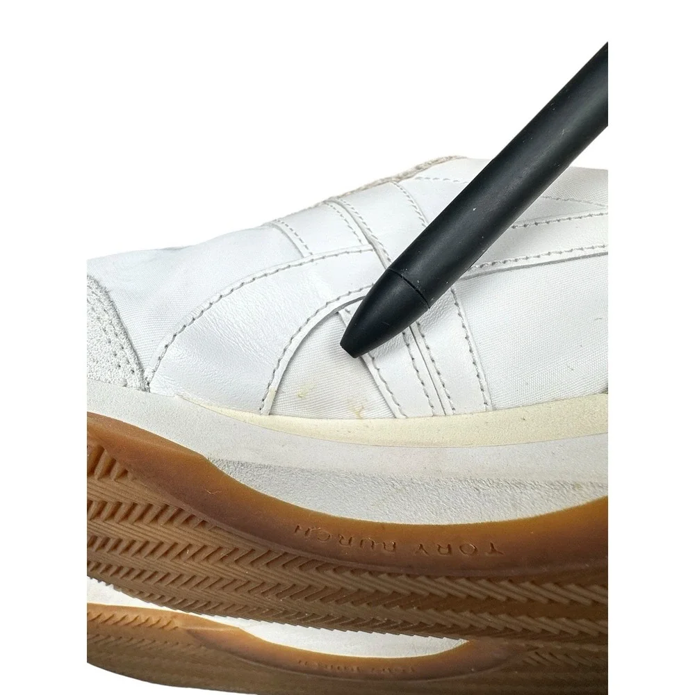 Tory Burch Hank Slim Sneaker Womens 8.5 Ivory White Suede Retro Trainer Gum Sole